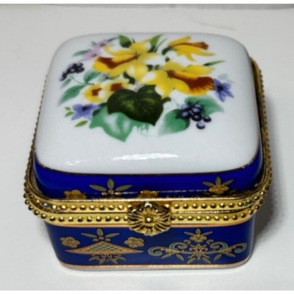 Other - Vintage Blue Gold Porcelain Trinket Box Floral Decorative Small Jewelry Holder